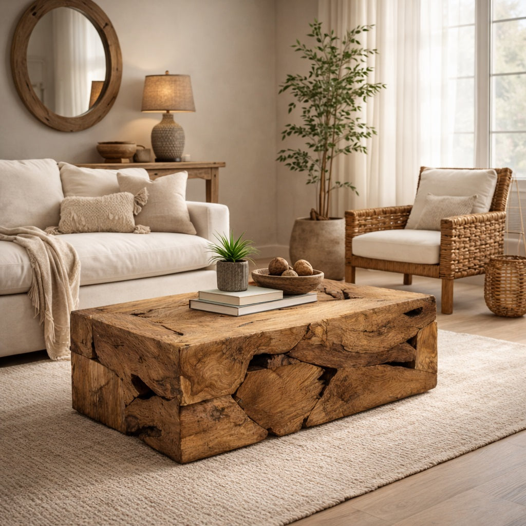 Table basse en bois de design dans un salon bohème chic, pièce centrale au look organique et authentique.