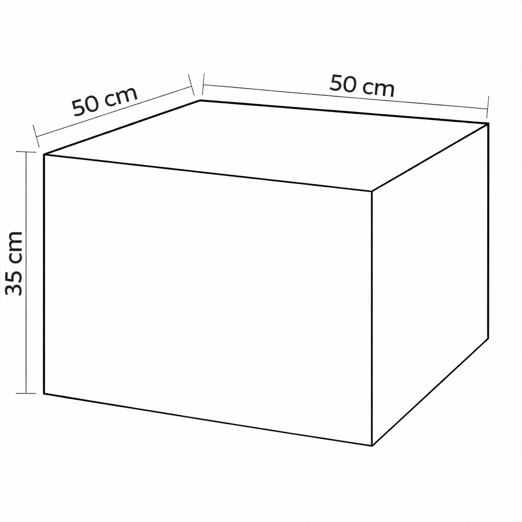 Schéma dimensions table basse en bois de design 50x50x35 cm, format compact idéal pour salon contemporain.