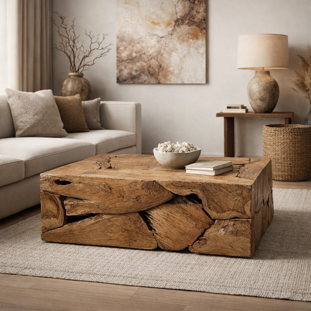 Table basse en bois de design dans un salon chaleureux, style naturel et contemporain, ambiance premium.