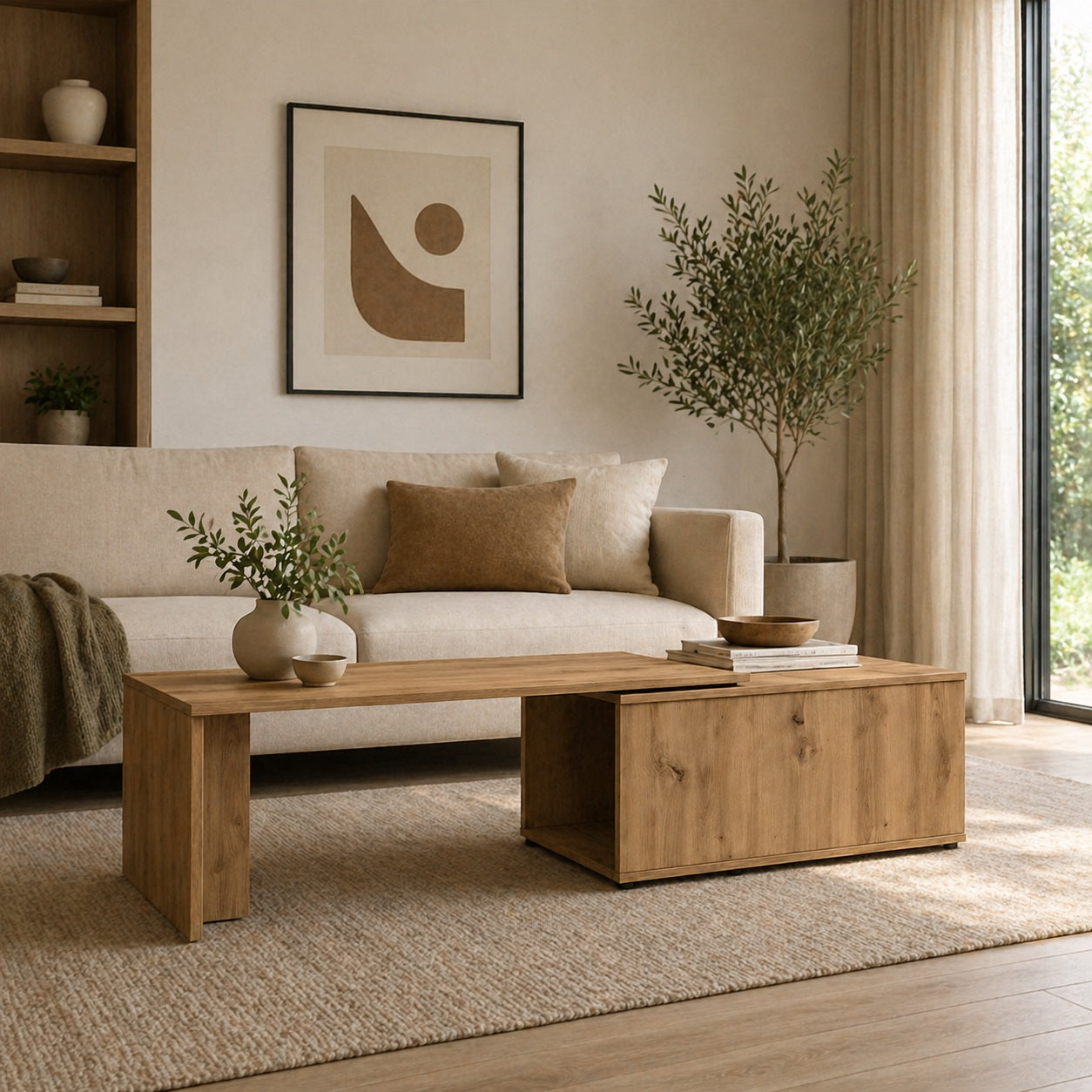 table basse en bois Linea chêne clair en situation dans salon style naturel moderne