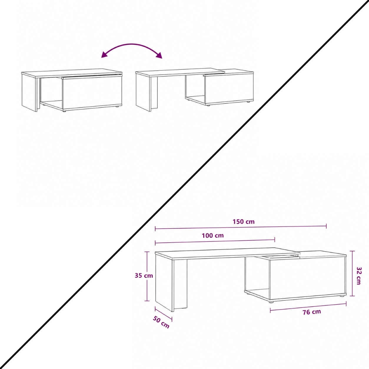 table basse en bois dimensions Linea avec plateau coulissant et espace de rangement