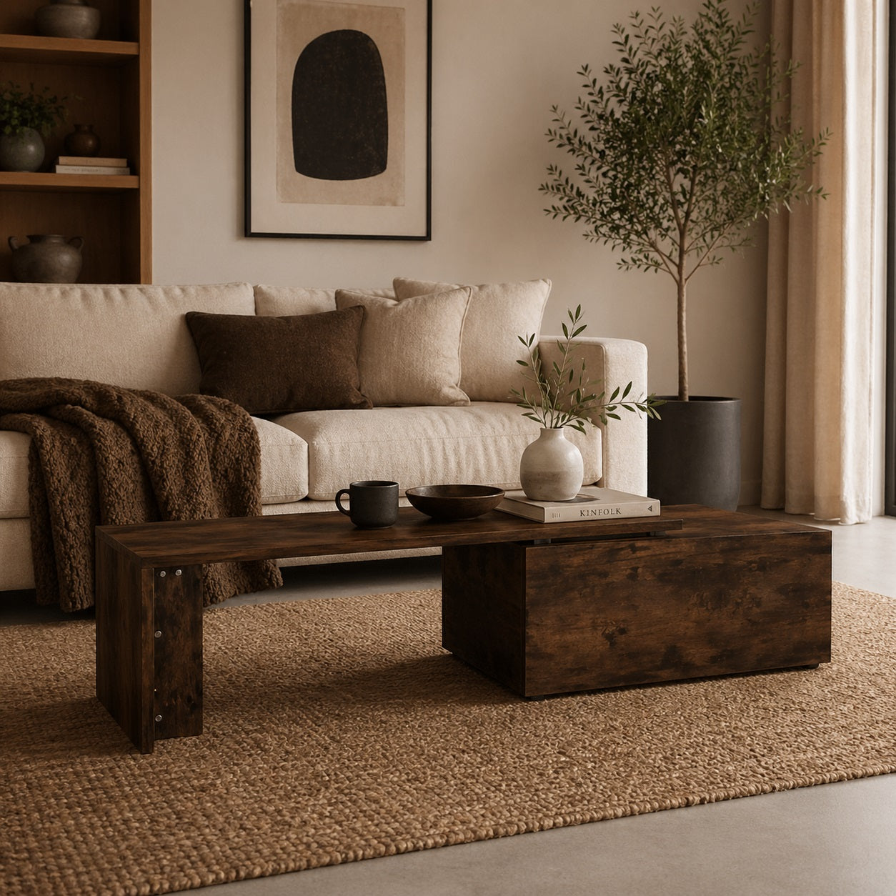 table basse en bois Linea chêne foncé en ambiance salon chaleureux et contemporain