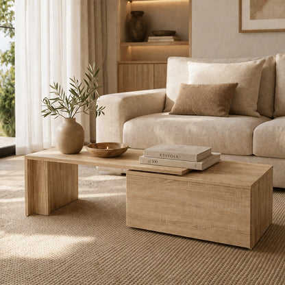 table basse en bois Linea chêne sonoma en ambiance salon lumineux style naturel moderne