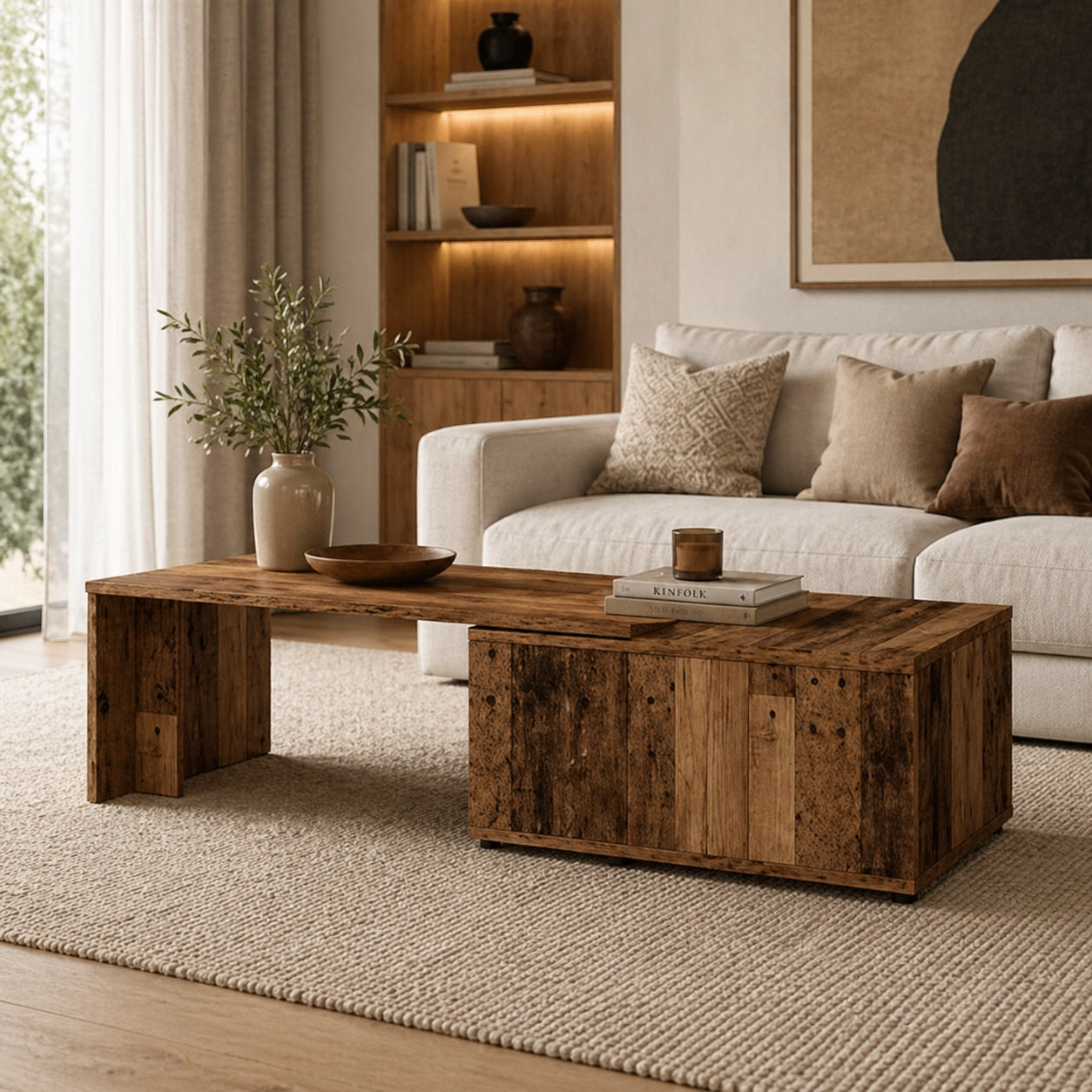 table basse en bois Linea vieux bois en ambiance salon chaleureux style authentique