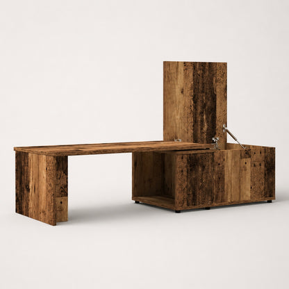 table basse en bois Linea ouverte finition vieux bois avec espace de rangement intégré