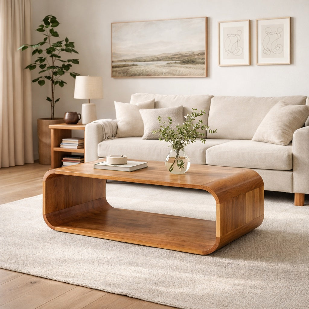 Table basse en bois dans salon, table basse design arrondie avec étagère ouverte, déco moderne et chaleureuse