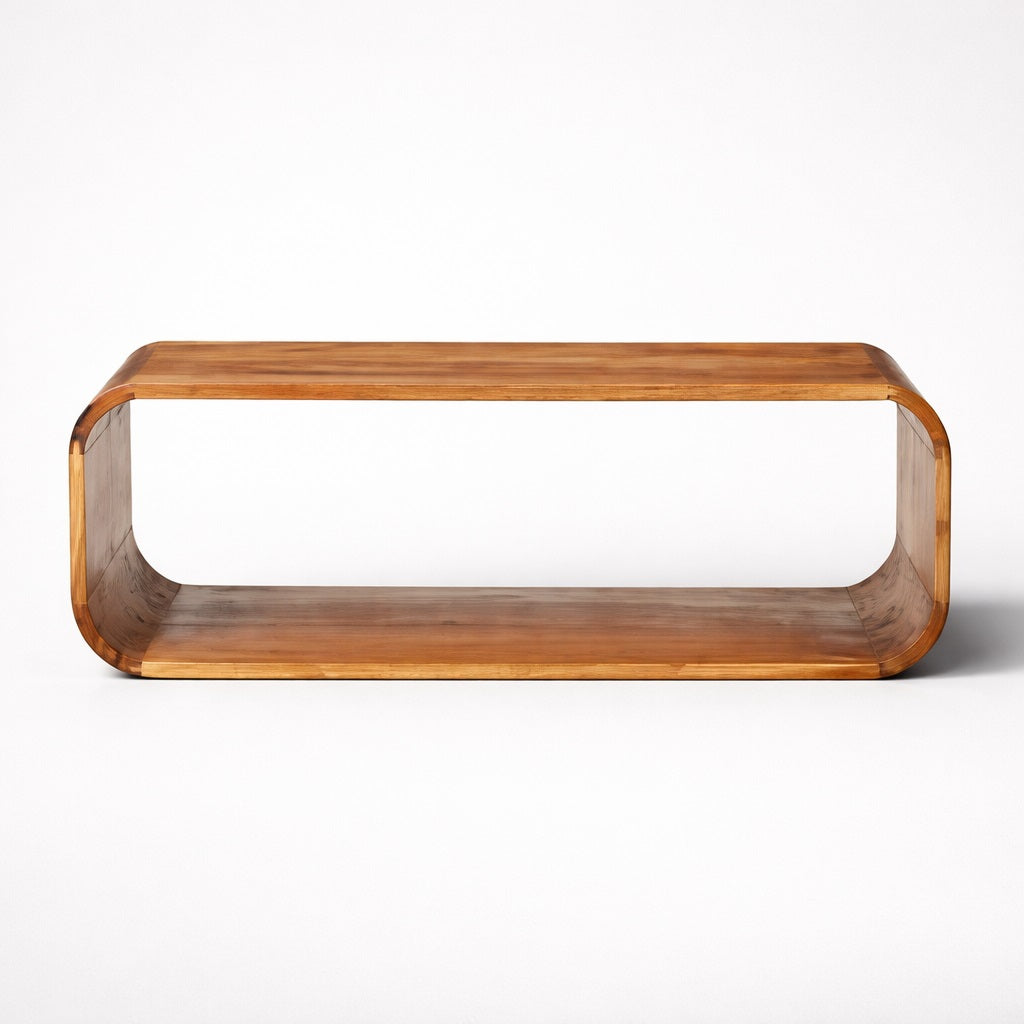 Table basse en bois, table basse design rectangulaire avec forme arrondie et rangement intégré, finition naturelle
