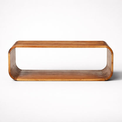 Table basse en bois, table basse design rectangulaire avec forme arrondie et rangement intégré, finition naturelle