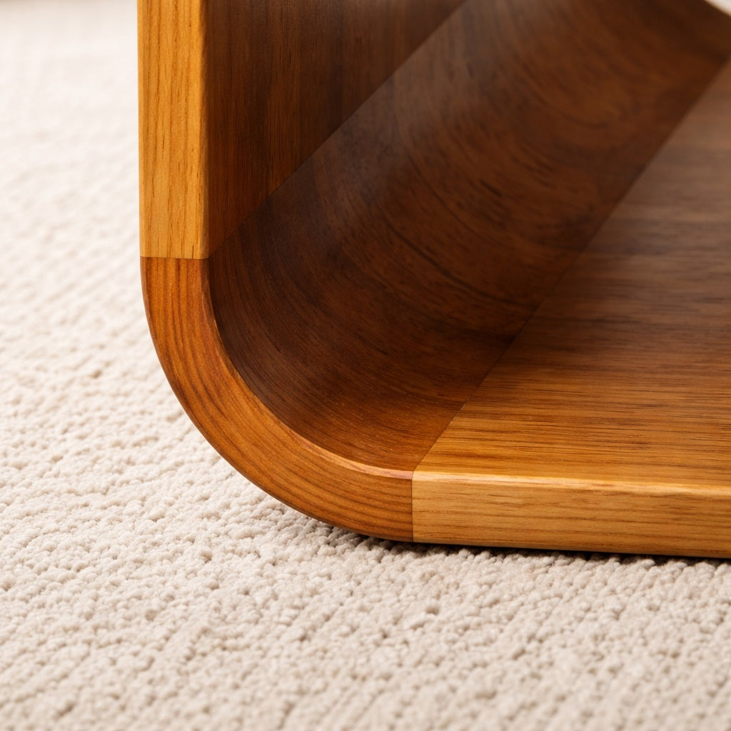 Zoom table basse en bois, table basse design avec niche ouverte et courbes arrondies, finition bois naturel