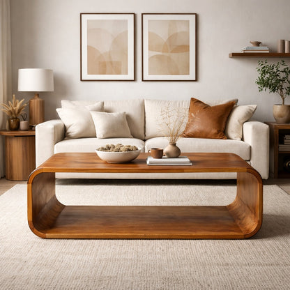 Table basse en bois au centre du salon, table basse design rectangulaire arrondie, style moderne et naturel