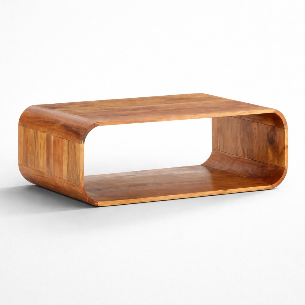 Table basse en bois, table basse design aux lignes arrondies avec niche de rangement ouverte, style contemporain
