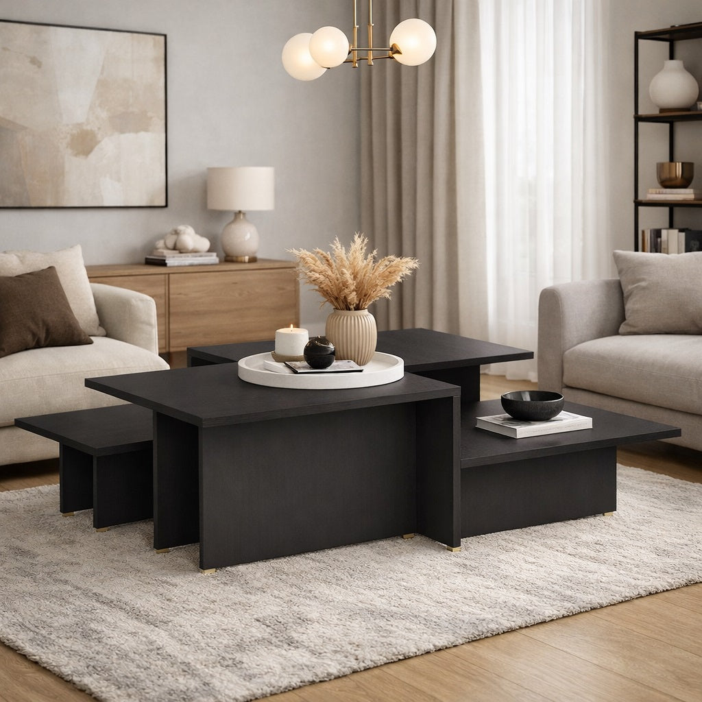 Table basse design noire en salon, plateaux décalés et style minimaliste, pièce forte contemporaine.