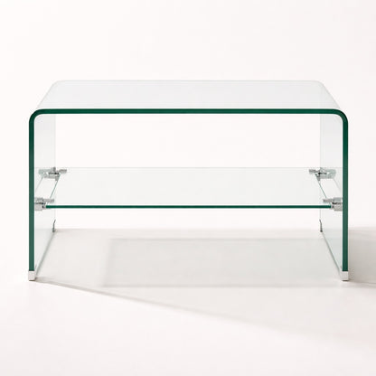 Table basse en verre design vue en angle, structure arrondie et tablette inférieure intégrée