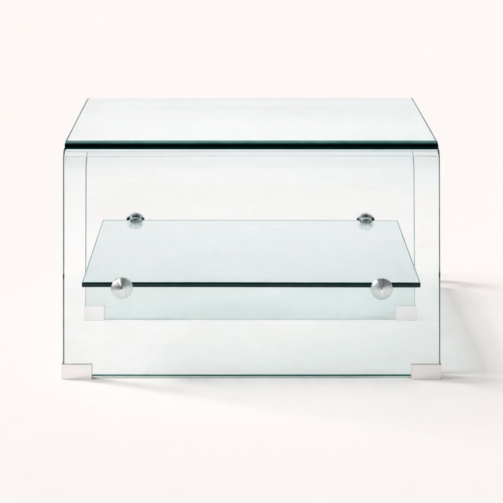 Profil de table basse en verre design montrant l’épaisseur du verre et la ligne minimaliste