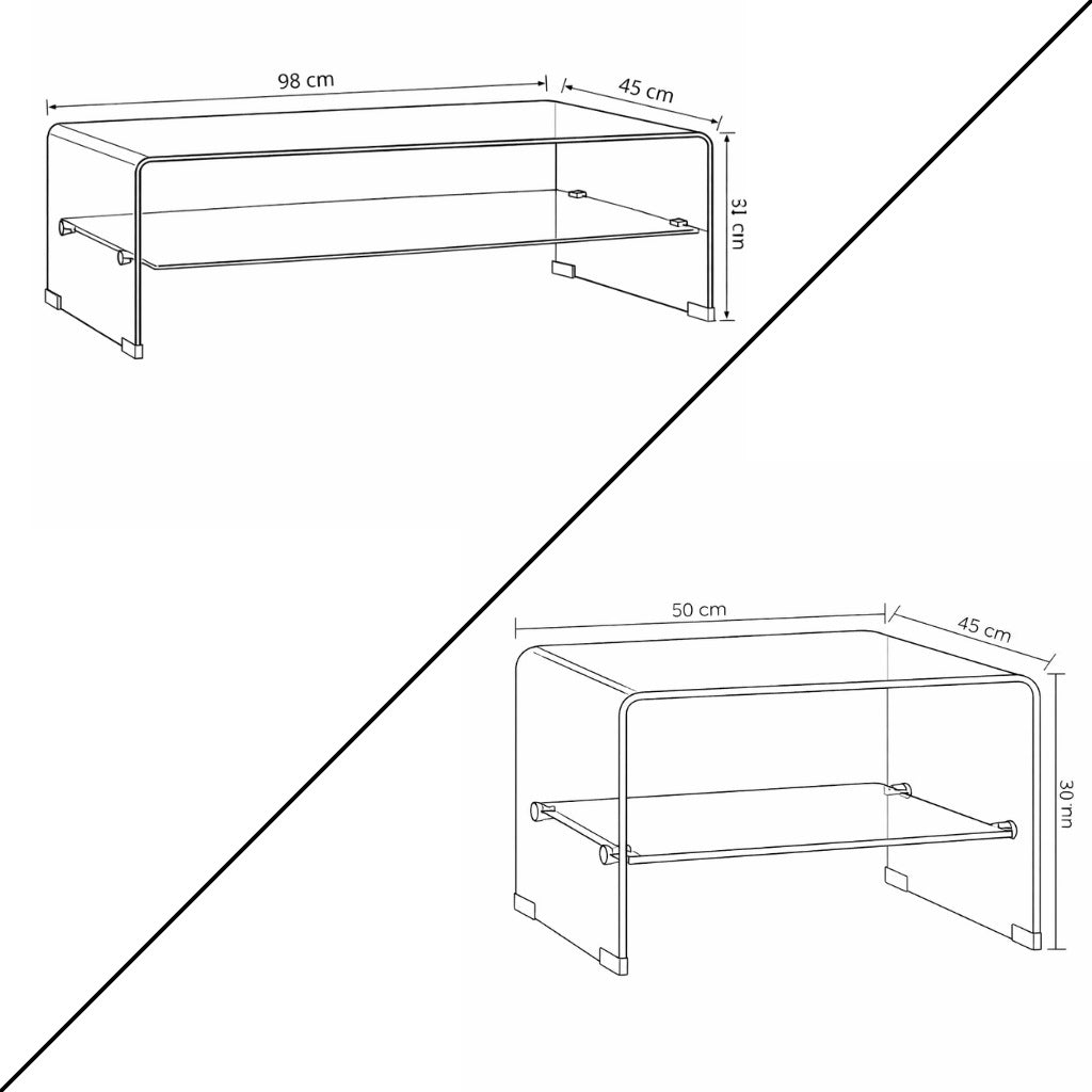 Comparaison des dimensions de table basse en verre design avec différentes longueurs et hauteurs