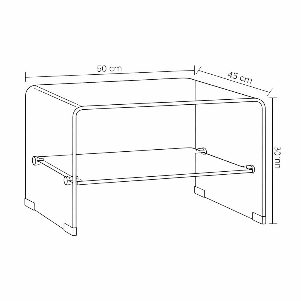 Schéma dimensions table basse en verre design 50 cm avec hauteur et profondeur détaillées