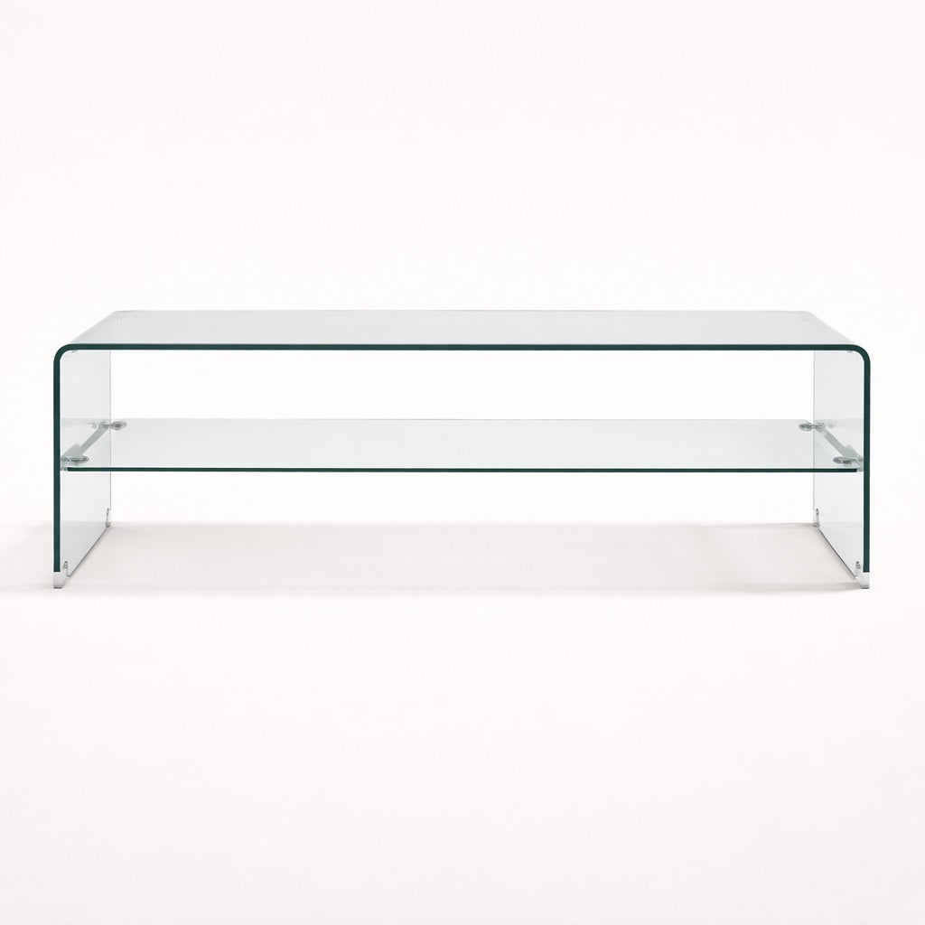 Table basse en verre, table basse design rectangulaire transparente avec étagère intégrée, lignes épurées contemporaines