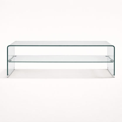 Table basse en verre, table basse design rectangulaire transparente avec étagère intégrée, lignes épurées contemporaines