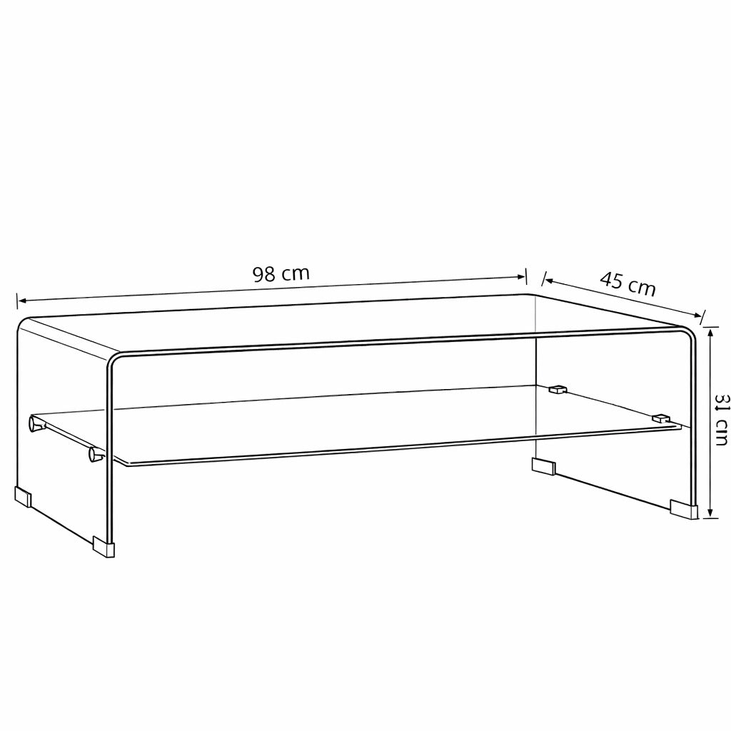 Dimensions table basse en verre 98x45 cm, table basse design hauteur 31 cm avec étagère inférieure intégrée