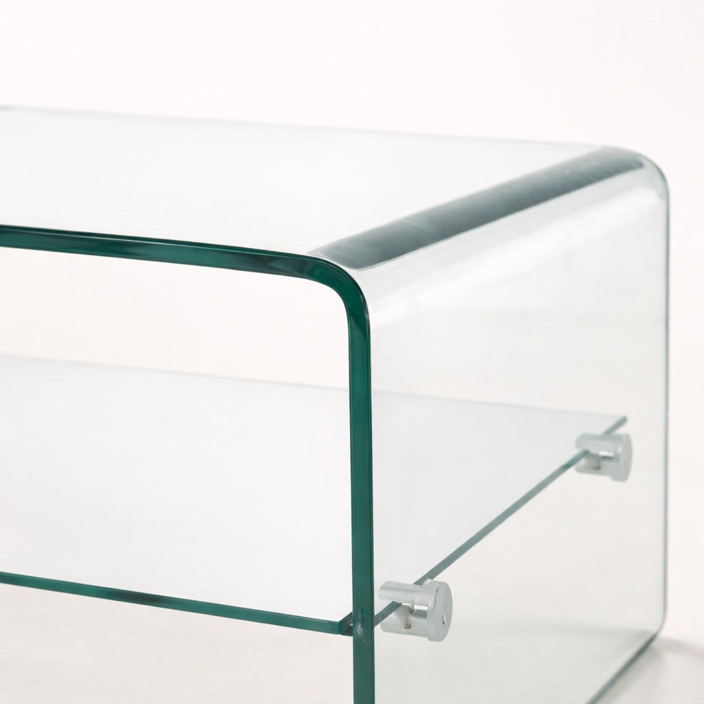 Zoom table basse en verre, table basse design avec angles arrondis et étagère suspendue, finition transparente premium