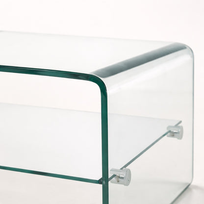 Zoom table basse en verre, table basse design avec angles arrondis et étagère suspendue, finition transparente premium