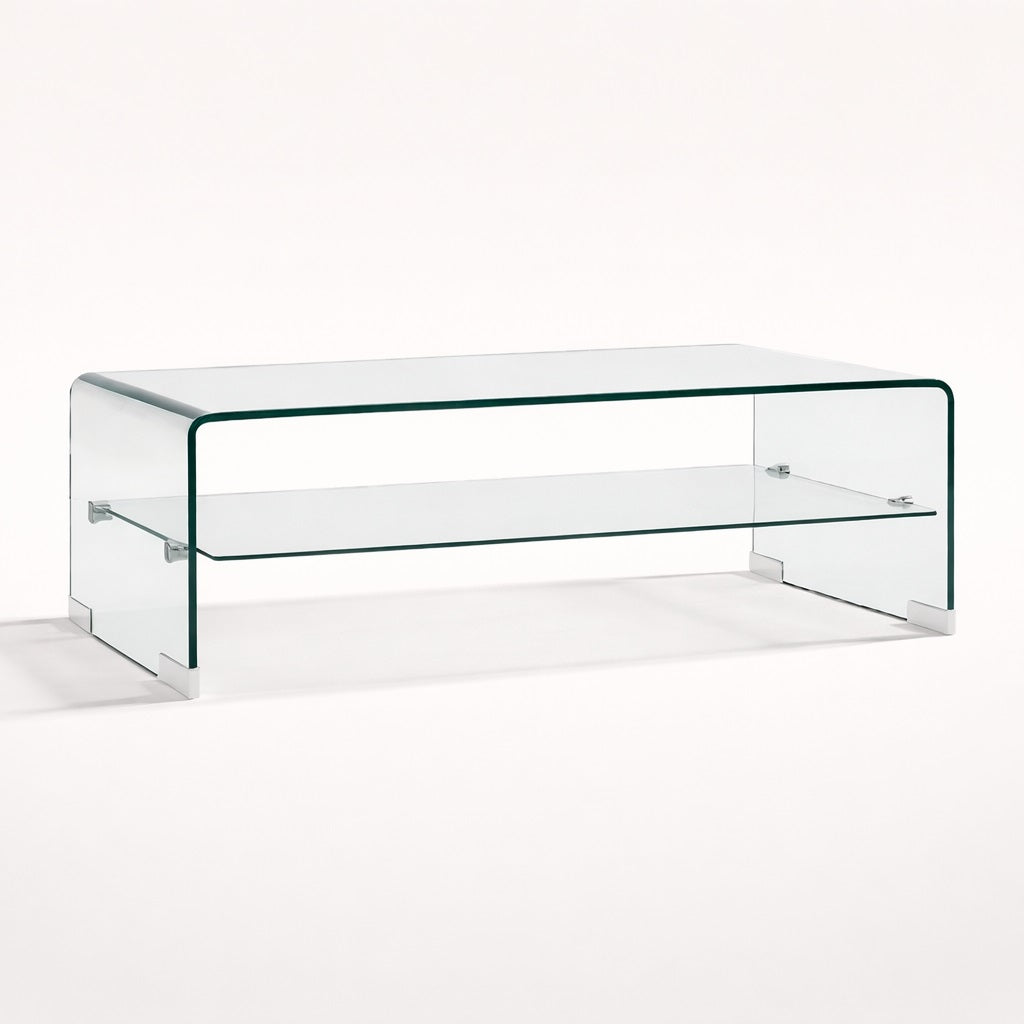 Table basse en verre, table basse design rectangulaire avec plateau transparent et étagère inférieure, style moderne