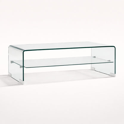 Table basse en verre, table basse design rectangulaire avec plateau transparent et étagère inférieure, style moderne