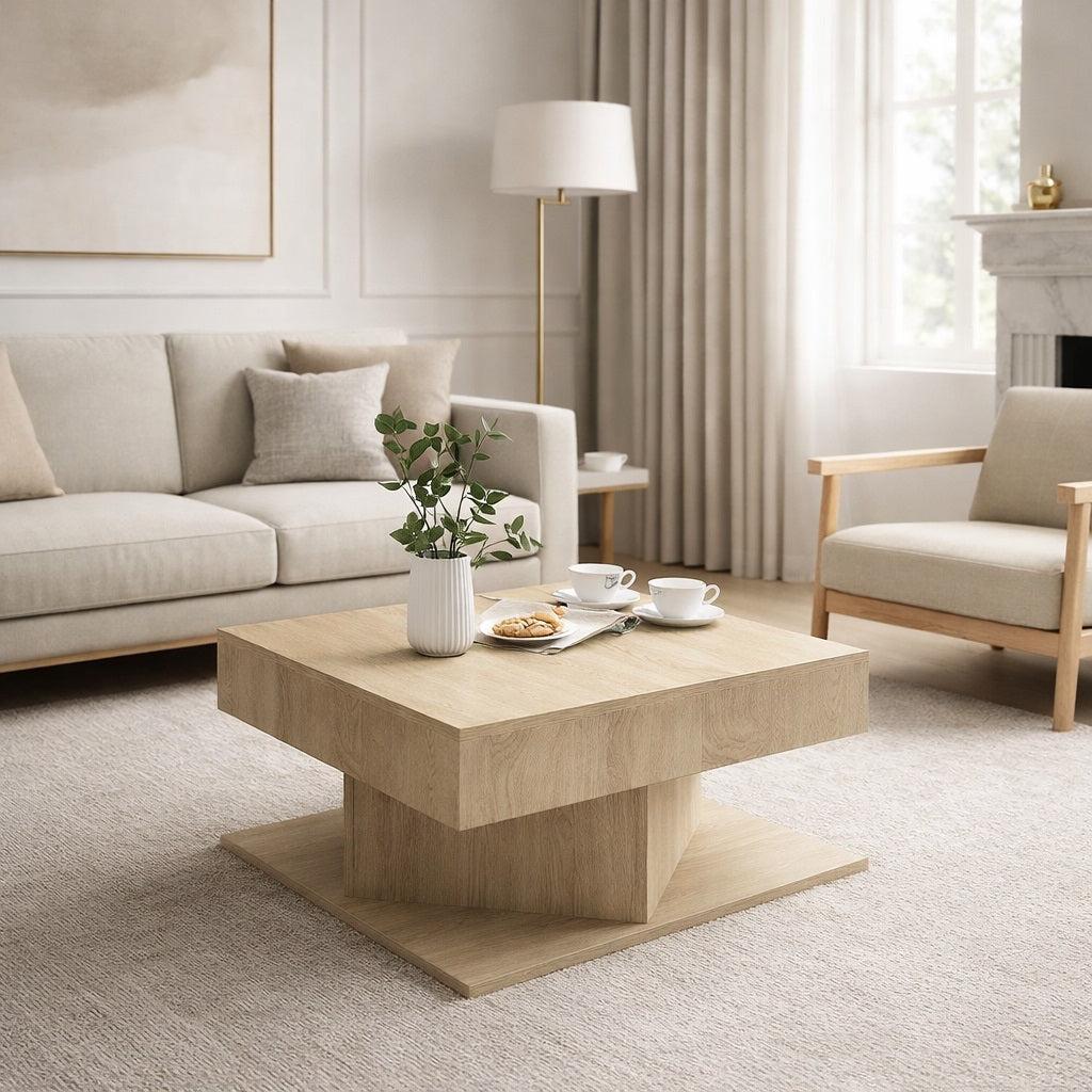 Table basse en bois chêne clair dans un salon lumineux, table basse de salon élégante et chaleureuse.