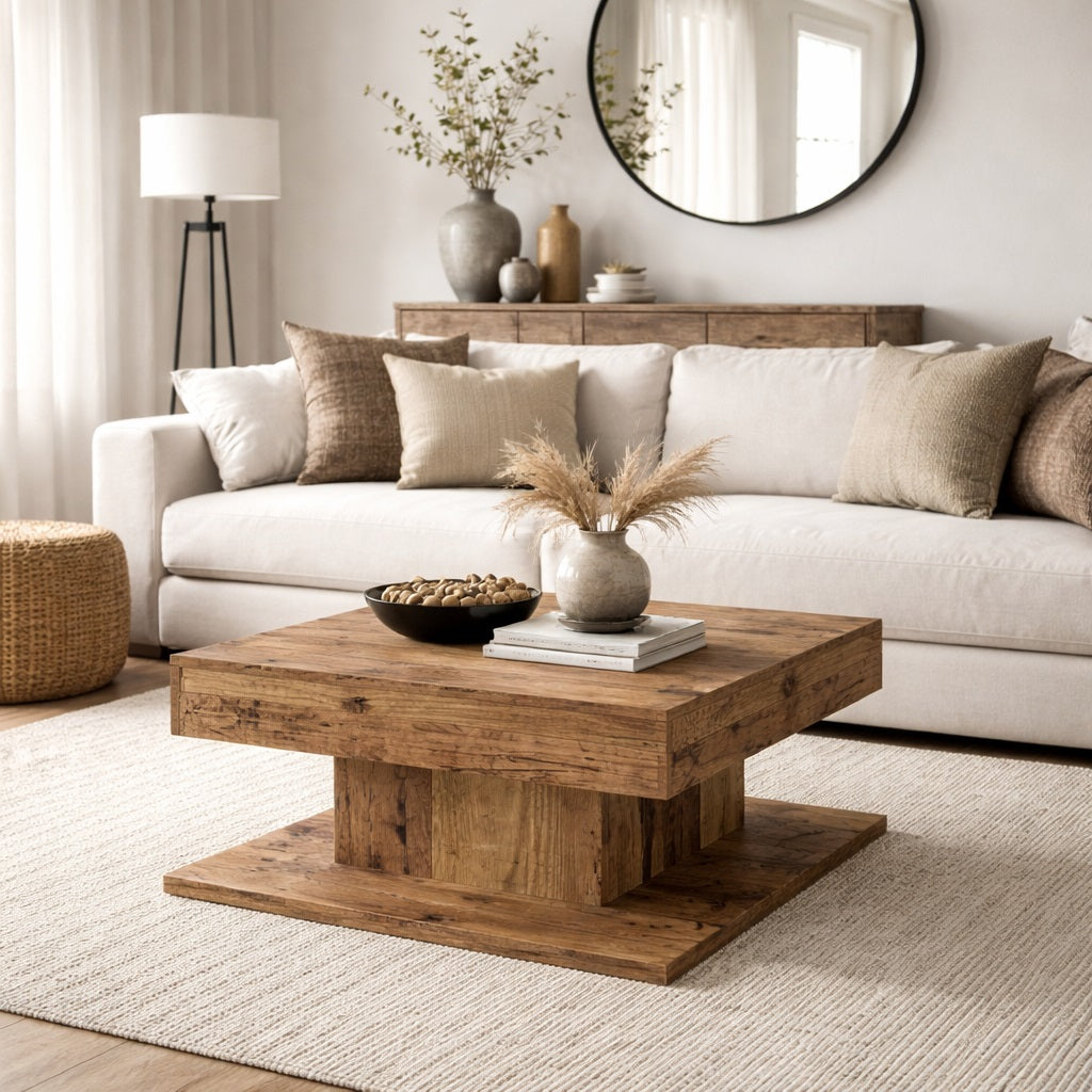 Table basse en bois recyclé vue de face, table basse de salon carrée au style brut et naturel.