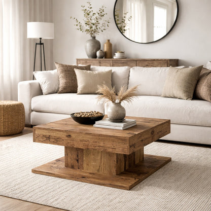 Table basse en bois recyclé vue de face, table basse de salon carrée au style brut et naturel.