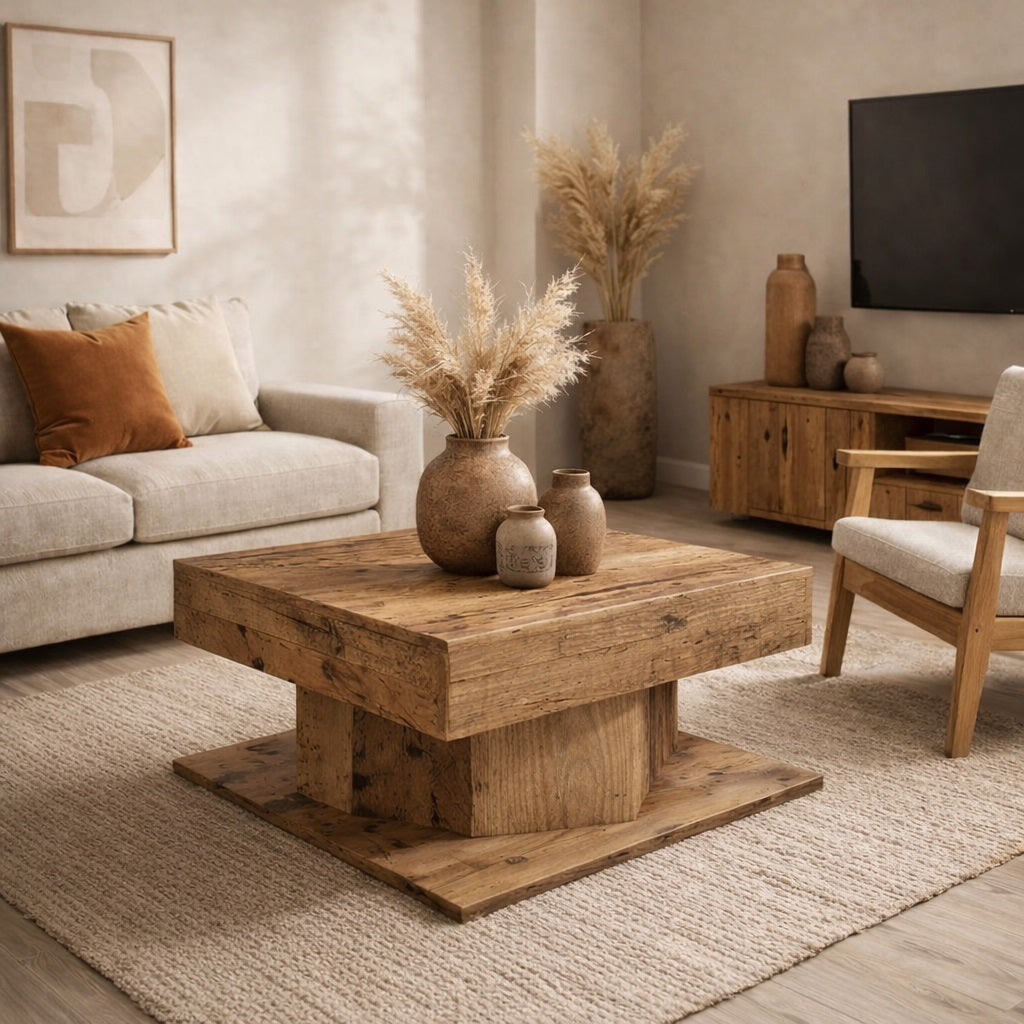 Table basse en bois ancien au centre du salon, table basse de salon chaleureuse au style naturel.