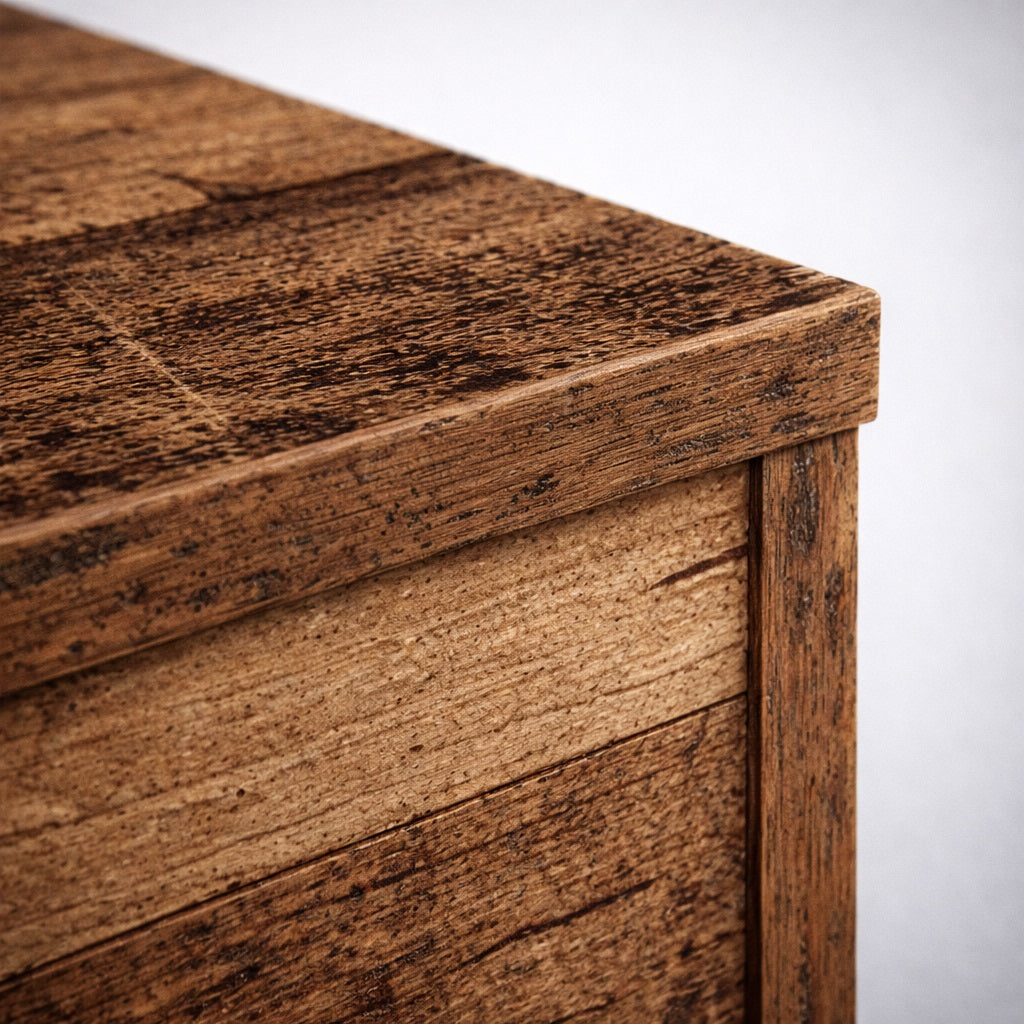 Détail du plateau d’une table basse en bois texturé, table basse de salon finition bois vieilli.