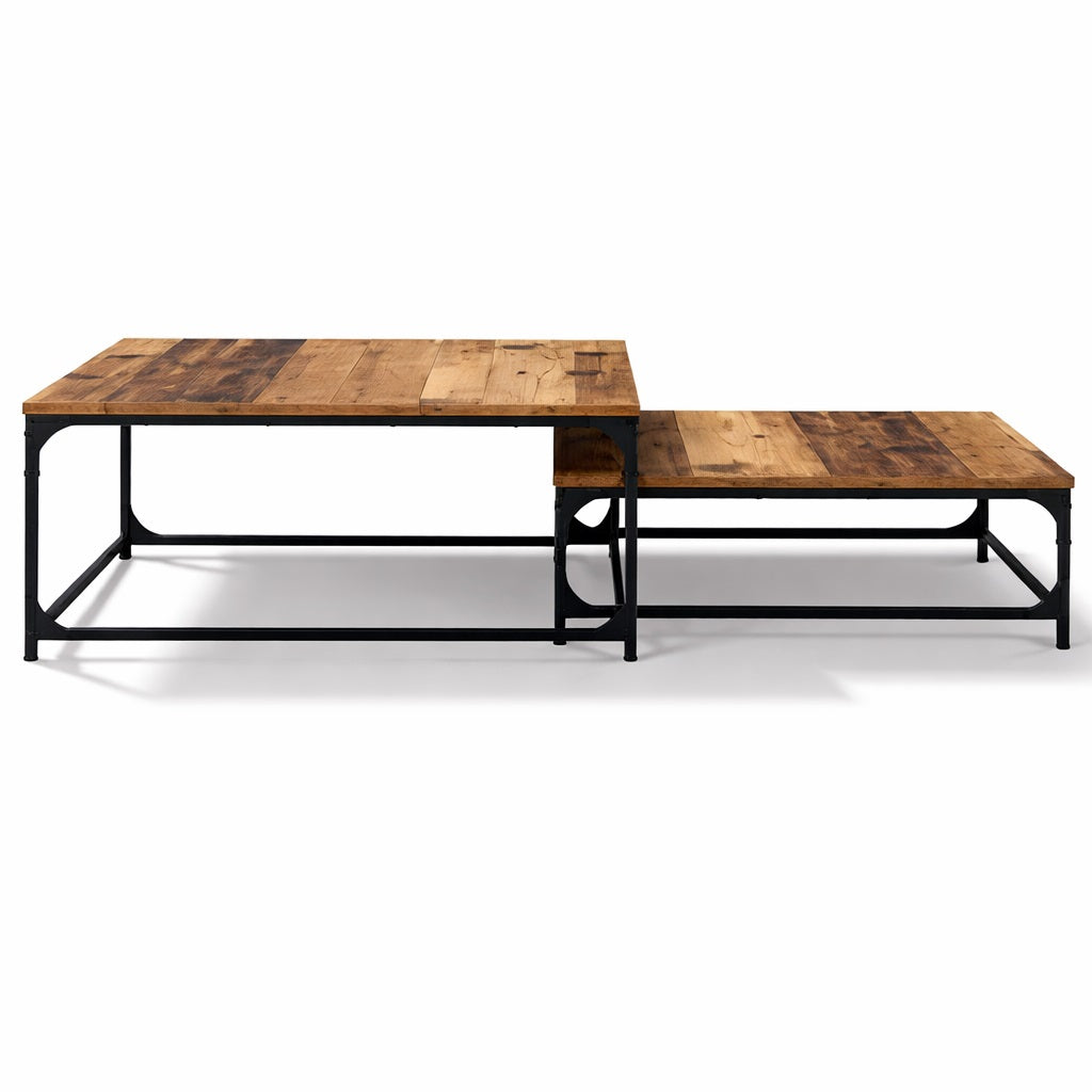 Table basse en bois ancien vue angle, tabla basse gigogne industrielle robuste