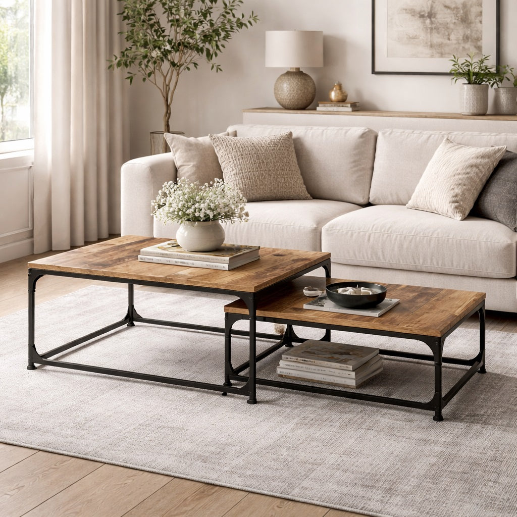 Table basse en bois ancien dans salon, tabla basse gigogne industrielle et chaleureuse