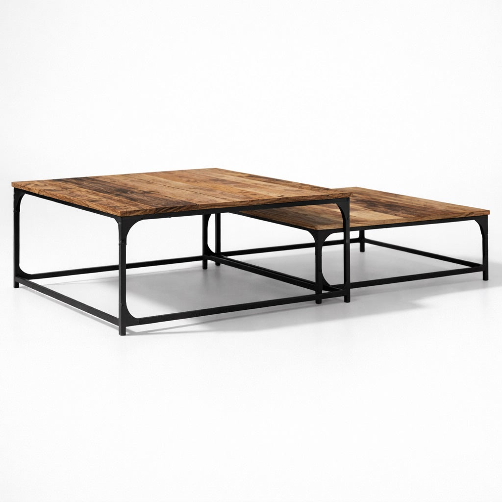 Table basse en bois ancien style industriel, tabla basse gigogne à structure métal noir