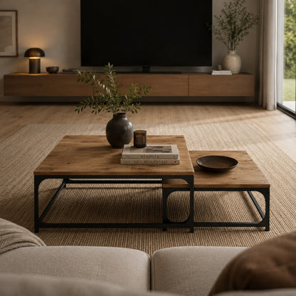 Tables basses gigognes style industriel en bois clair devant télévision dans salon contemporain élégant moderne