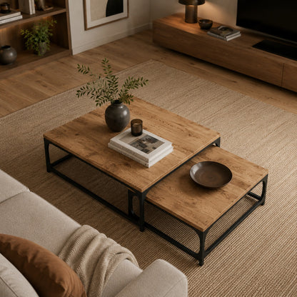 Vue plongeante sur tables basses gigognes bois et métal noir dans salon cosy avec tapis texturé beige