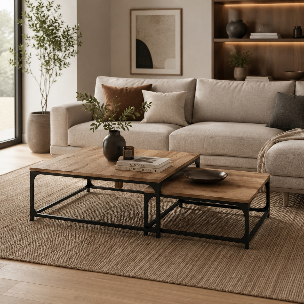 Tables basses gigognes bois et métal noir dans salon moderne avec canapé beige et décoration chaleureuse