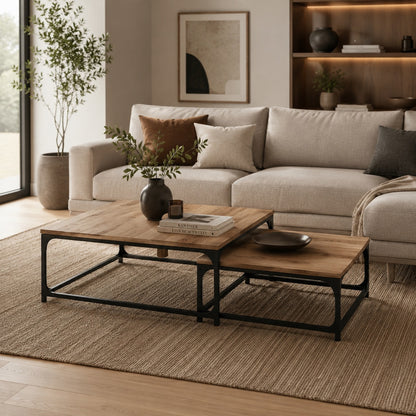 Tables basses gigognes bois et métal noir dans salon moderne avec canapé beige et décoration chaleureuse