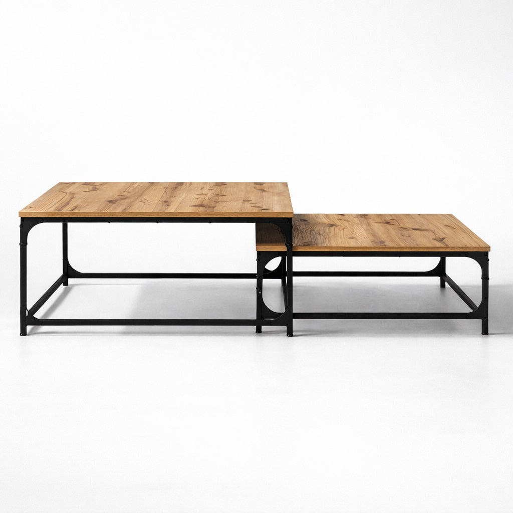 Table basse en bois chêne artisanal vue angle, tabla basse gigogne élégante