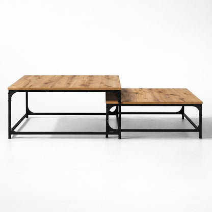 Table basse en bois chêne artisanal vue angle, tabla basse gigogne élégante