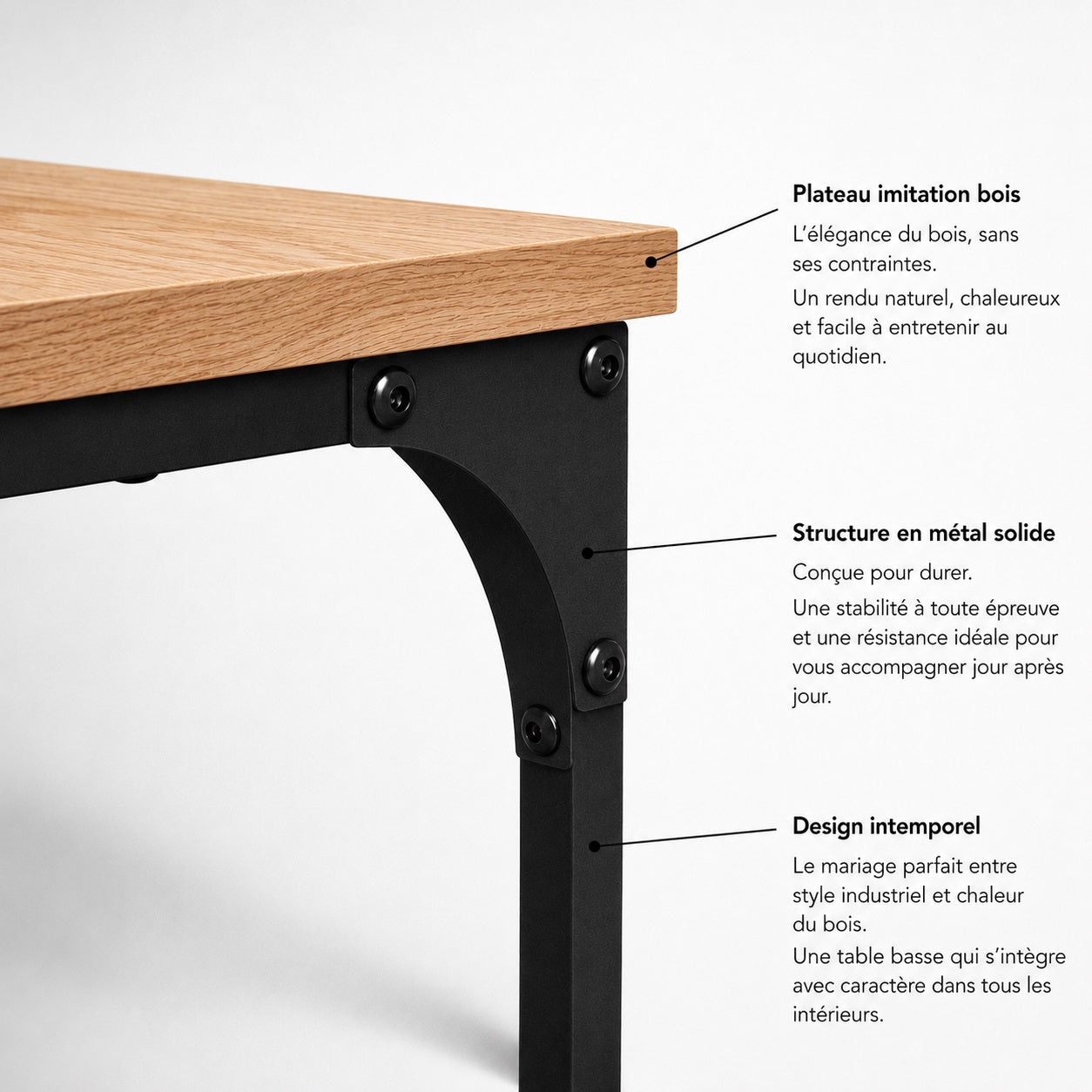 Détail table basse bois et métal noir avec structure solide et design industriel moderne effet chêne naturel