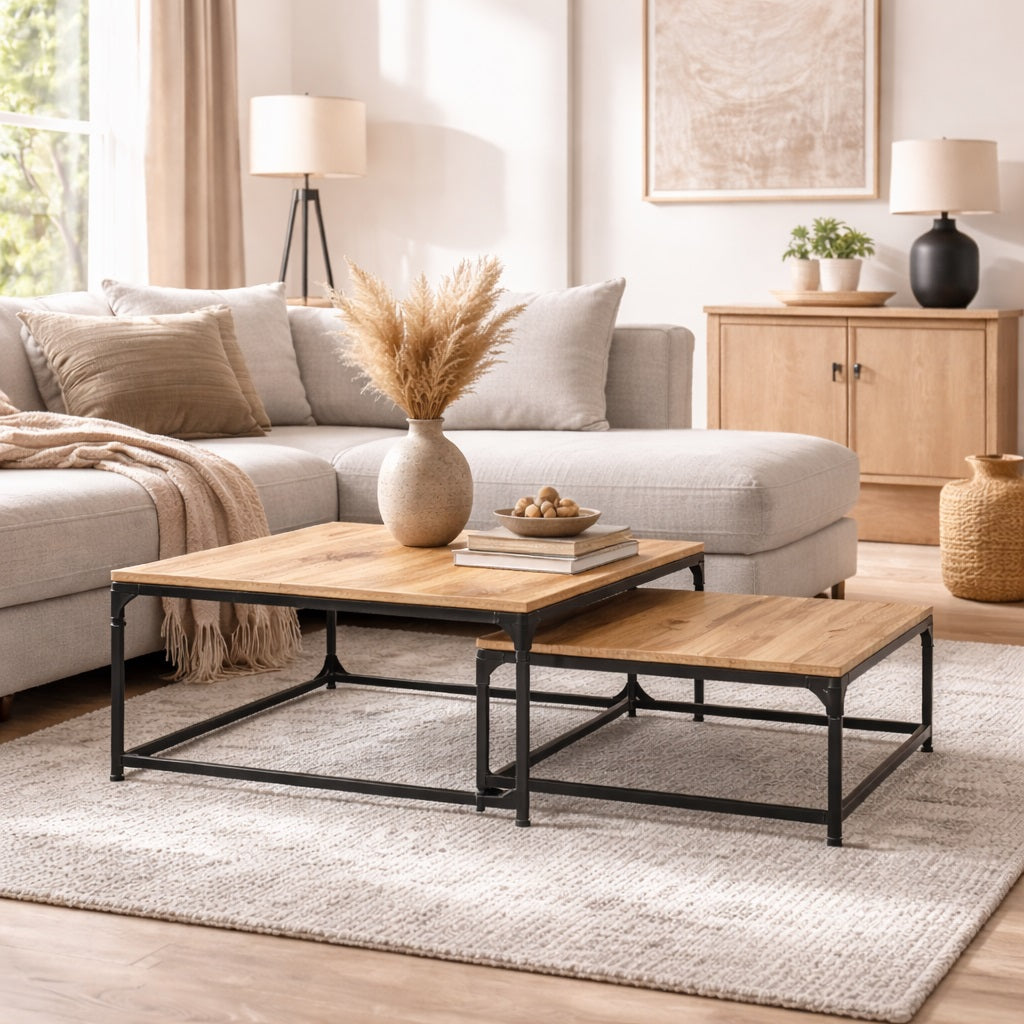 Table basse en bois chêne artisanal dans salon, tabla basse gigogne moderne