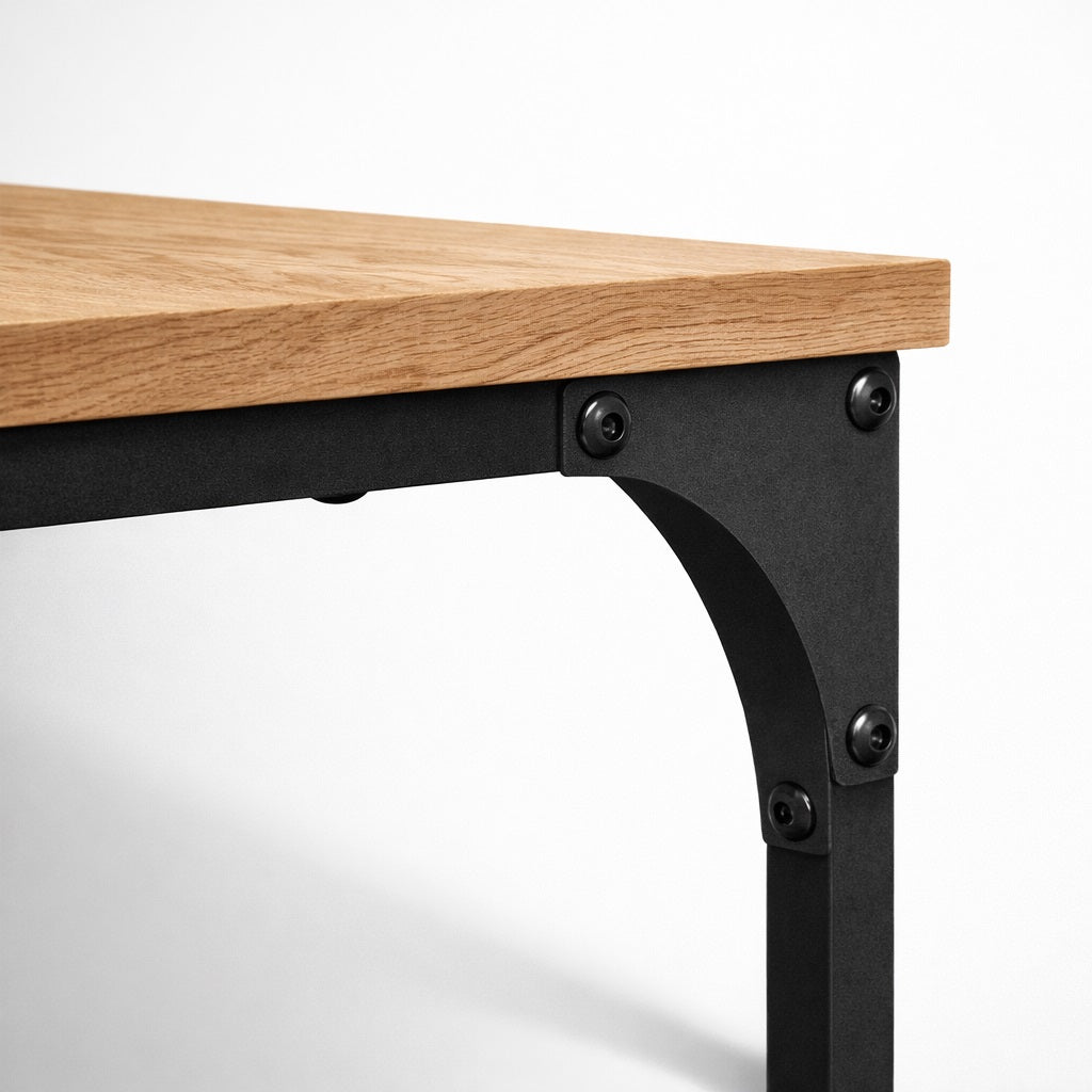 Détail table basse en bois chêne artisanal, estructura tabla basse gigogne métal