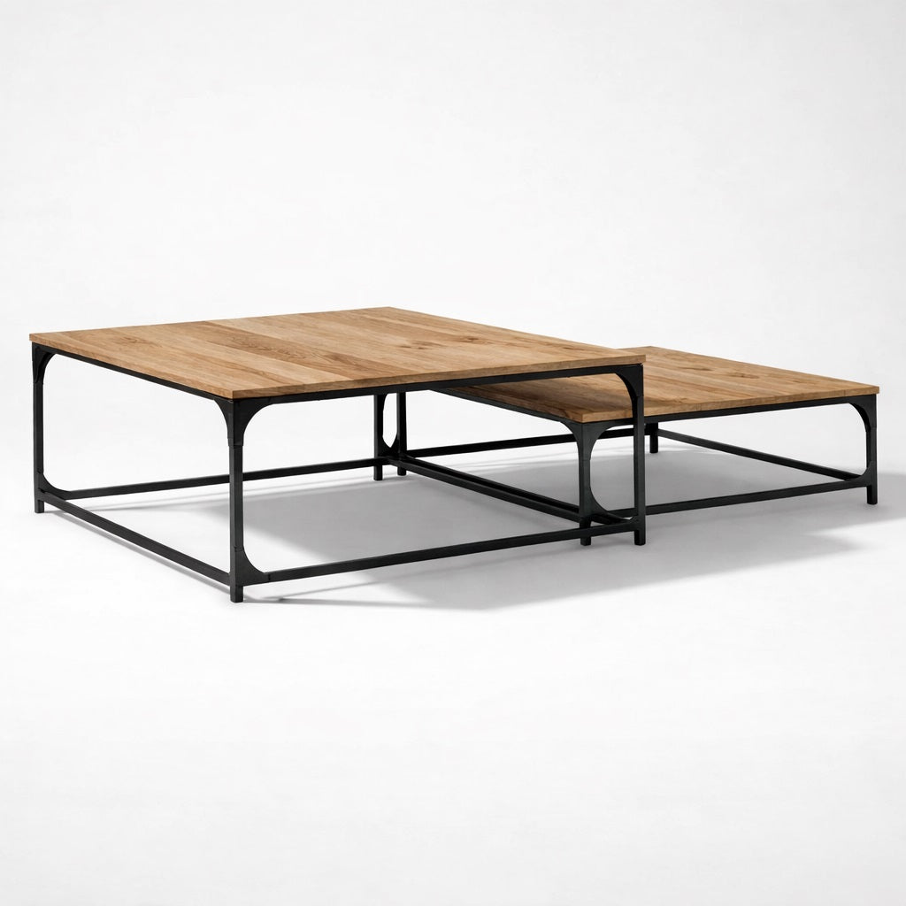 Table basse en bois chêne artisanal, tabla basse gigogne design industriel