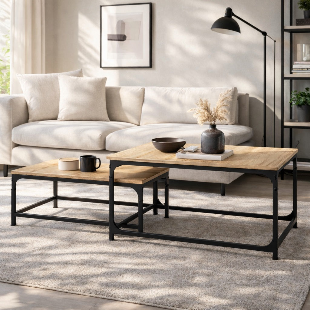 Table basse en bois chêne clair dans salon lumineux, tabla basse gigogne moderne