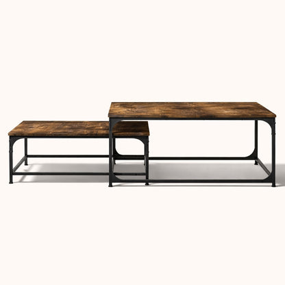 Table basse en bois chêne fumé vue de face, tabla basse gigogne industrielle robuste