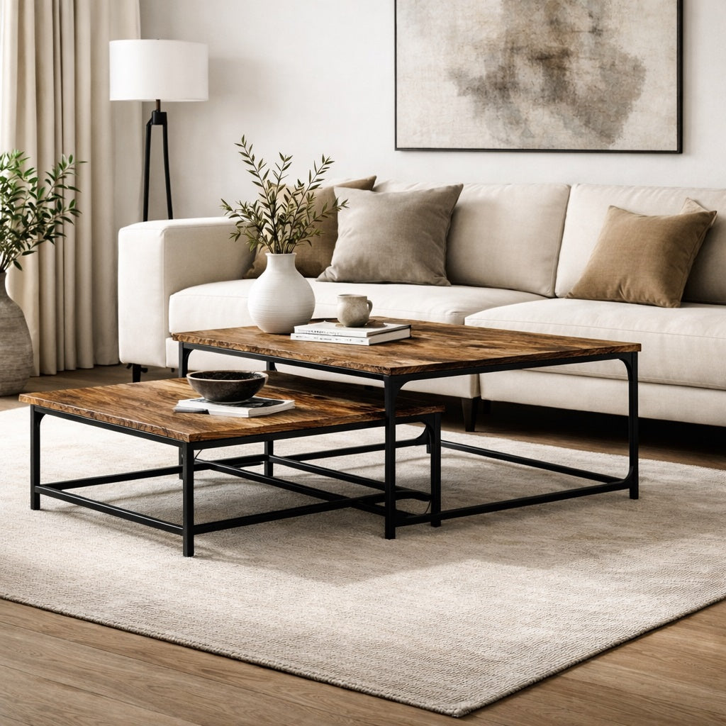 Table basse en bois chêne fumé dans salon moderne, tabla basse gigogne élégante et chaleureuse