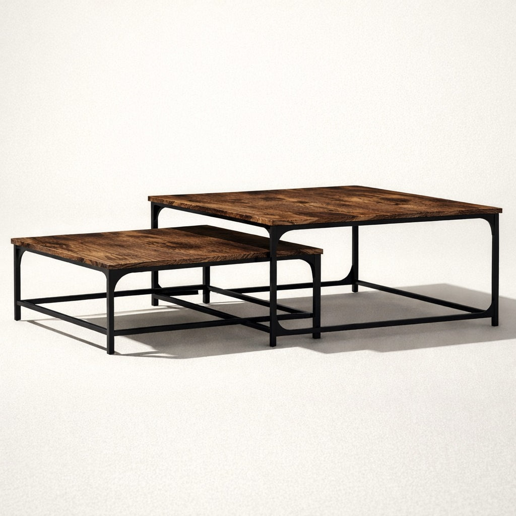 Table basse en bois chêne fumé style industriel, tabla basse gigogne à structure métal noir