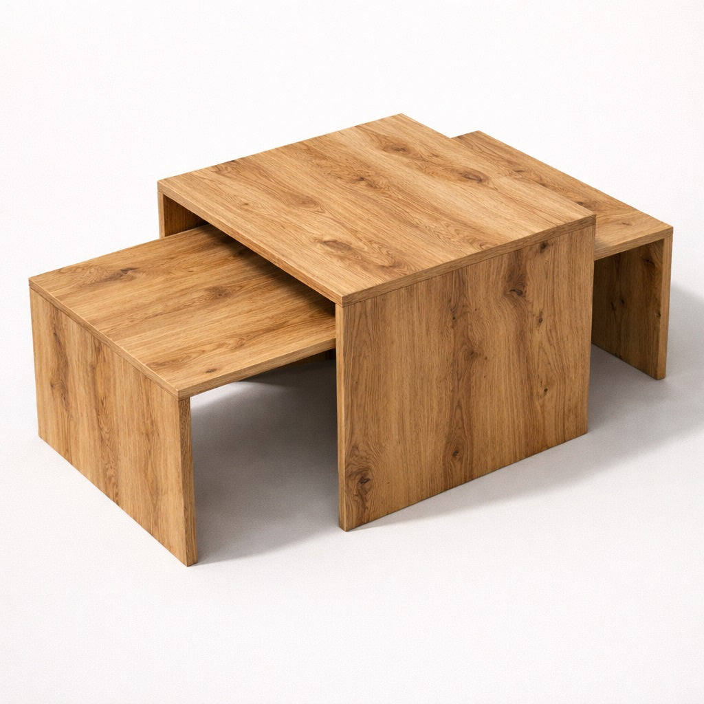 Table basse gigognes en bois vue en angle, lignes épurées et conception modulable en chêne
